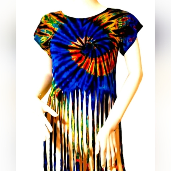 TIE DYE Rayon Stretch Fringe Crop S/S Top-***4 Colors Avail.***O/S - Picture 2 of 8